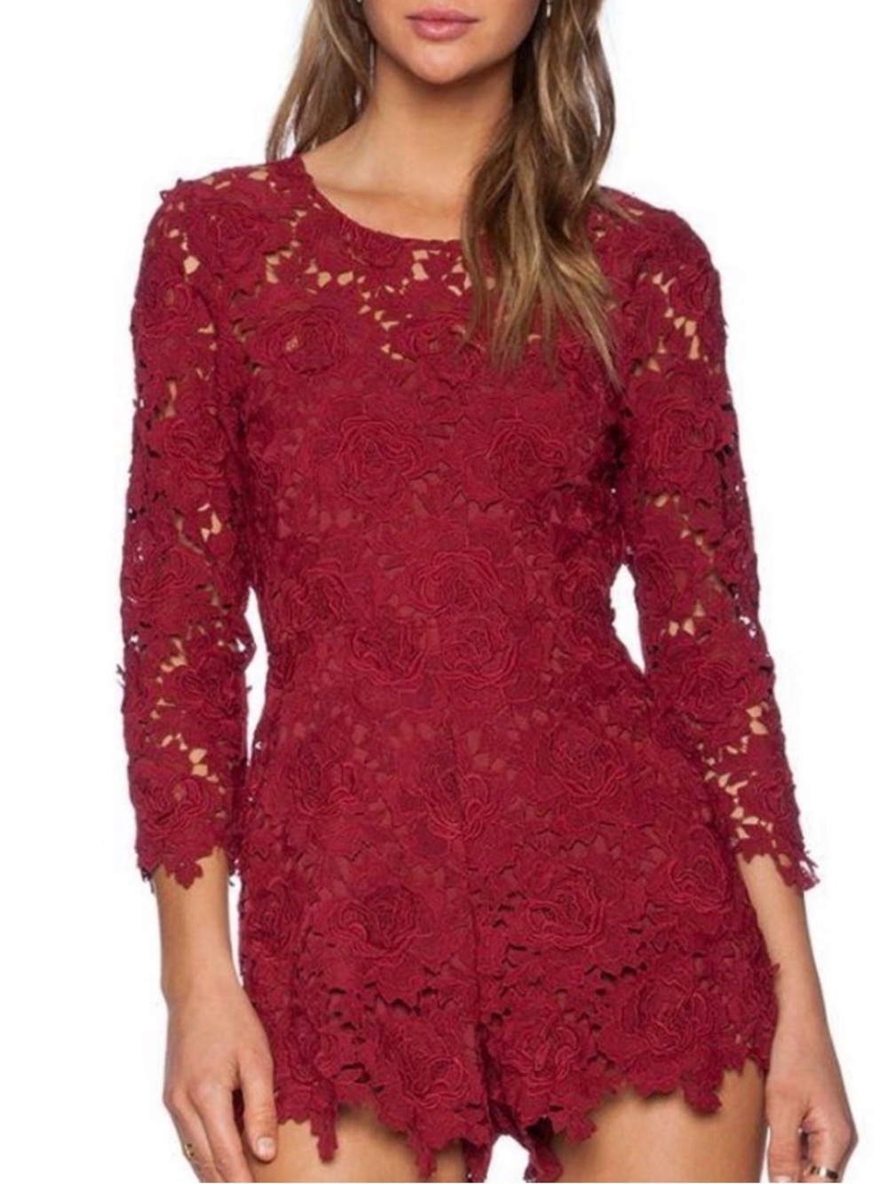 Lovers + Friends Burgundy Lace Romper